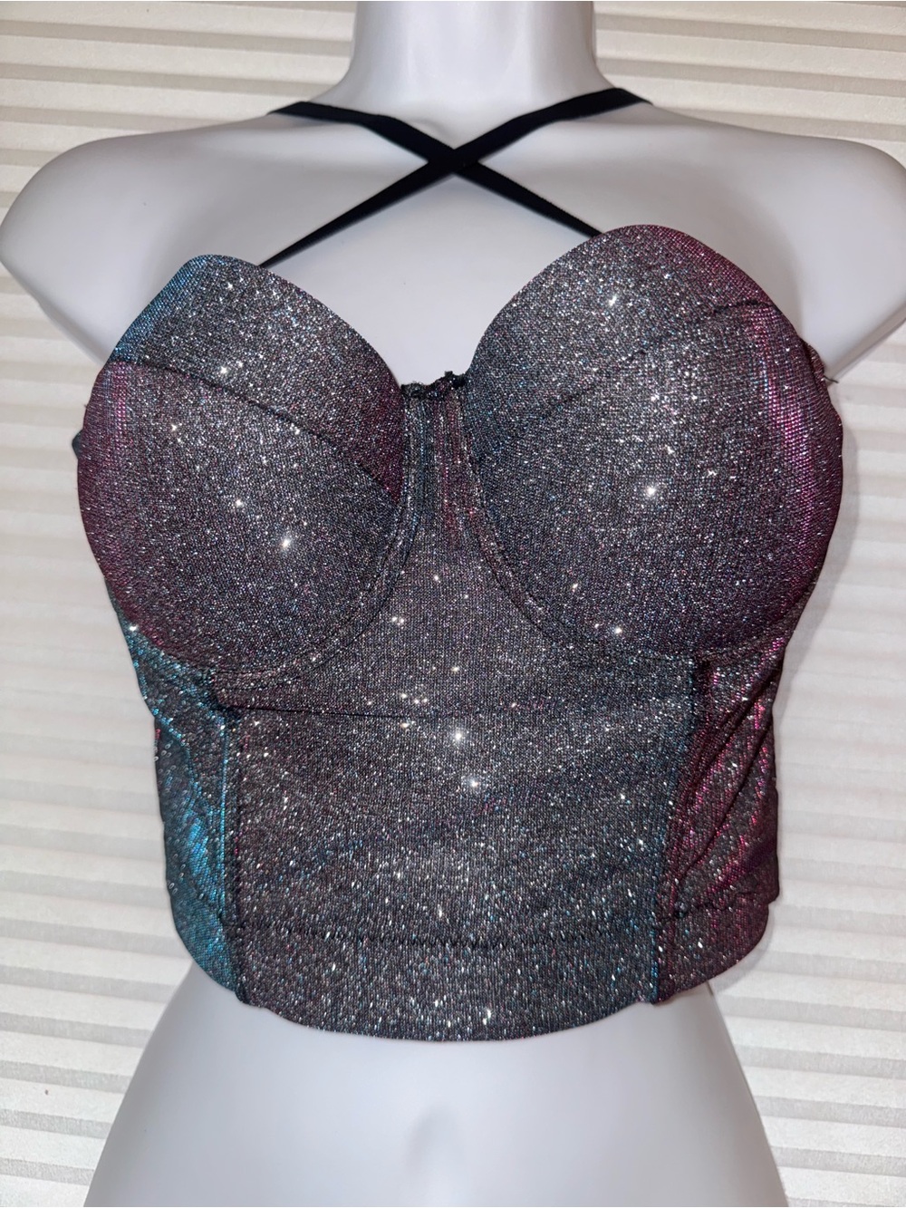 Peacock Sparkle Bustier Crop Top with Cross Strap - Black Multicolor